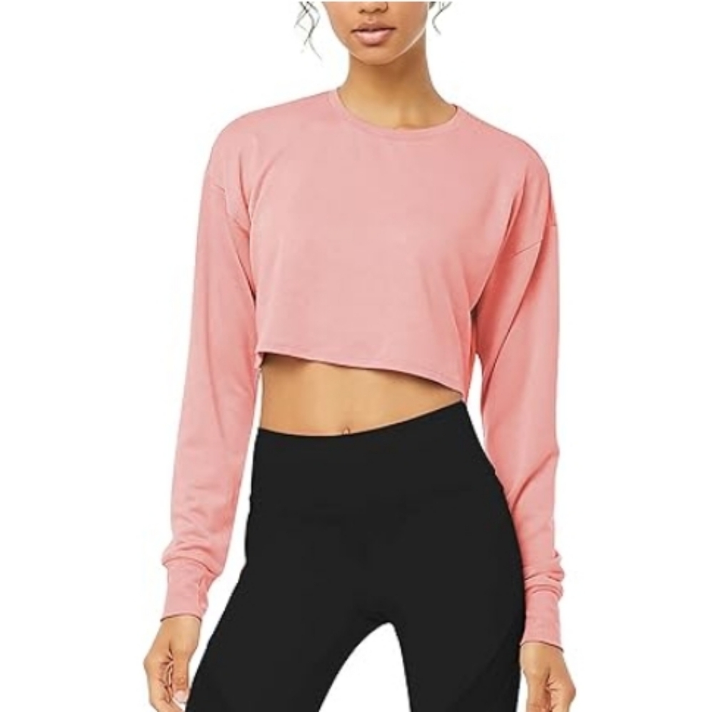 Bestisn Long Sleeve Crop Sweatshirt Top with Thumb Hole Pink